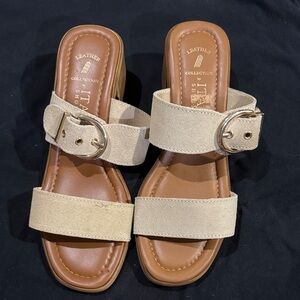 Italian Shoemakers Beige Suede Double-Strap Slide Sandals with Buckle